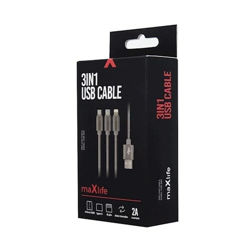 Maxlife Nylonový kábel 3v1 Micro USB / Type-C / for iPhone 8-PIN Fast Charge 2.1A, sivý