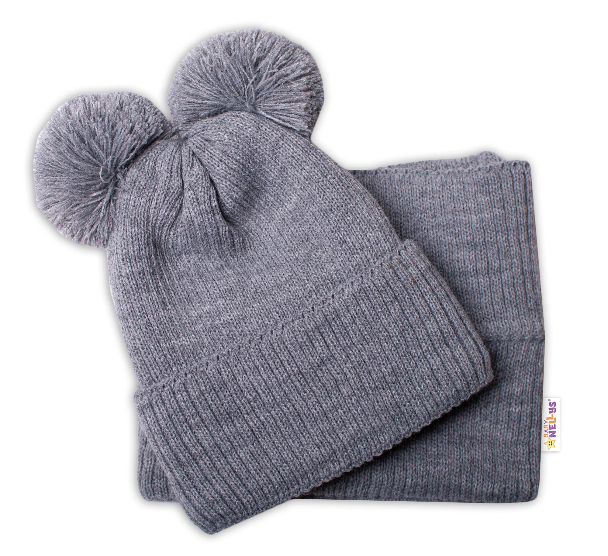 BABY NELLYS Zimná pletená čiapka + nákrčník - sivá s brmbolcami