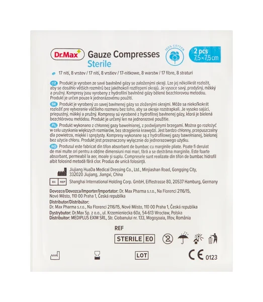 Dr. Max Gauze Compresses Sterile 7,5 x 7,5 cm 1×2 ks, sterilné gázové kompresy, 7,5x7,5 cm