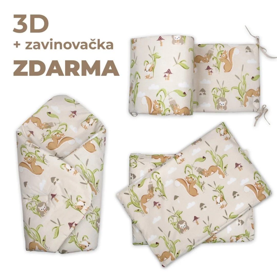 3D Mantinel s obliečkami + zavinovačka zadarmo, Veveričky, béžová, sivá