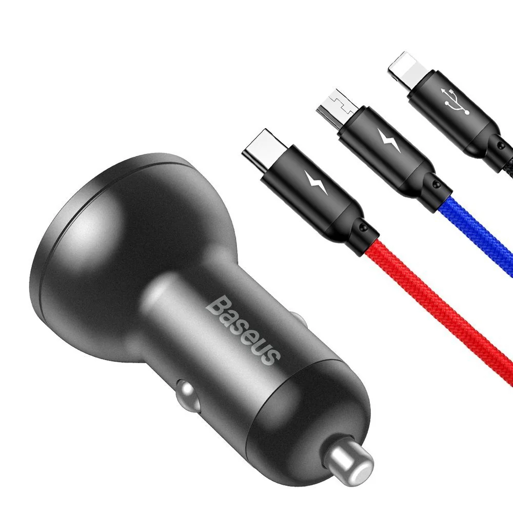 Baseus Digital 2x USB autonabíjačka + 3in1 kábel USB - UBS C / Micro U SB / Lightning 1.2m, čierna