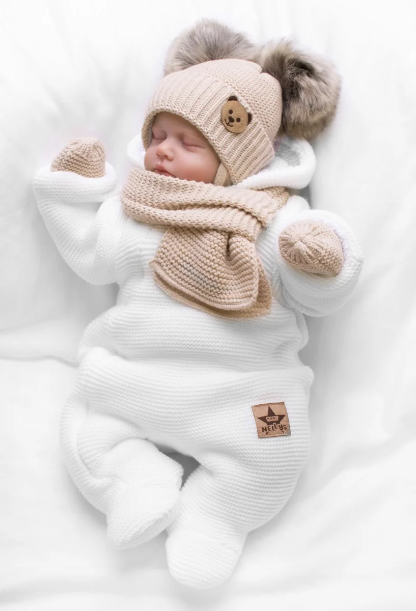 Detská sada, zimná čiapka so šálom + rukavičky 3D, Teddy Bear - béžová