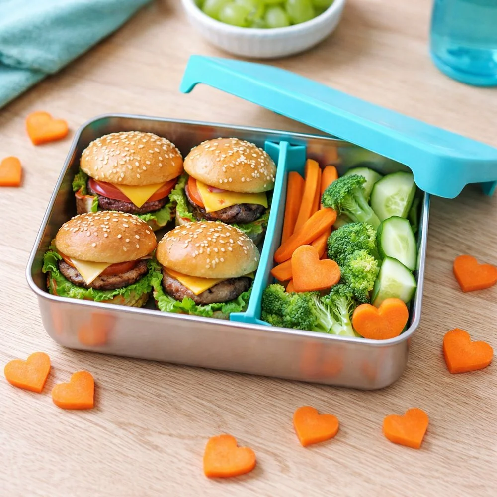 Nerezový bento box 740 ml so silikónovým vekom modrý, s prepážkou