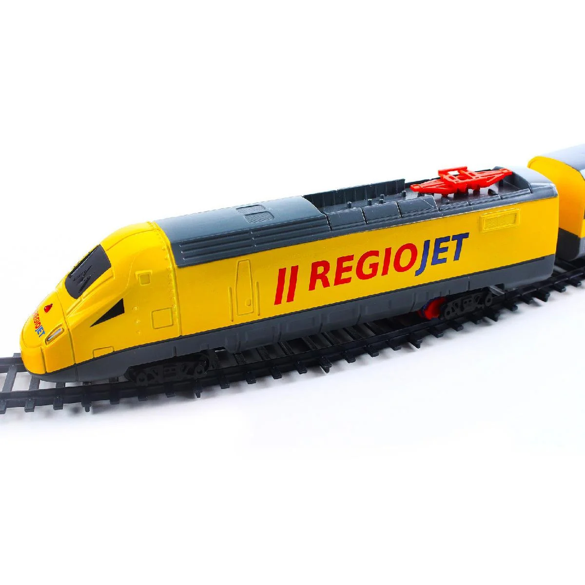 Rappa Vlak žltý RegioJet s koľajnicami 18ks plast so zvukom a svetlom v krabici 38x43x6cm