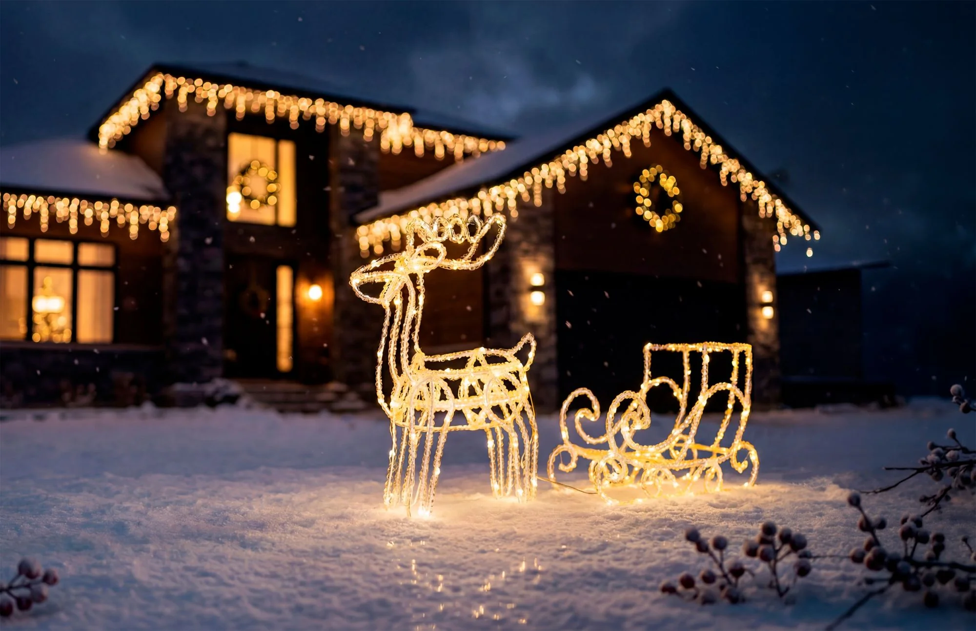 MagicHome vianočný LED jeleň so saňami, 1 ks 160 LED teplá biela, IP44, 24/41 cm