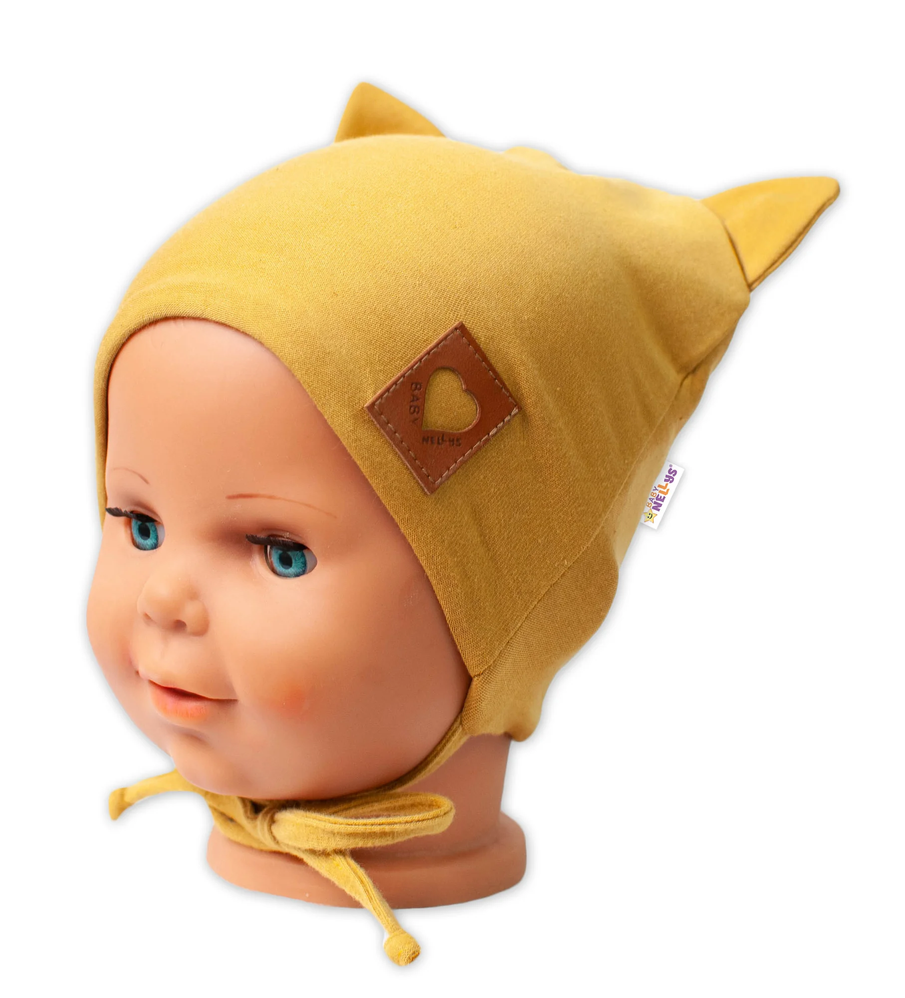 Baby Nellys Bavlnená dvojvrstvová čiapka s uškami na zaväzov. FOX- horčicová, veľ. 80/86