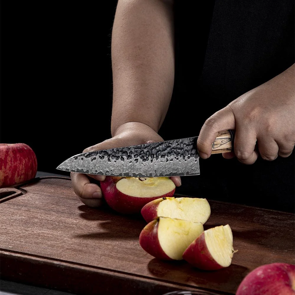 Damaškový kuchynský nôž Zenkai Santoku Hnedá, 17 cm čepeľ