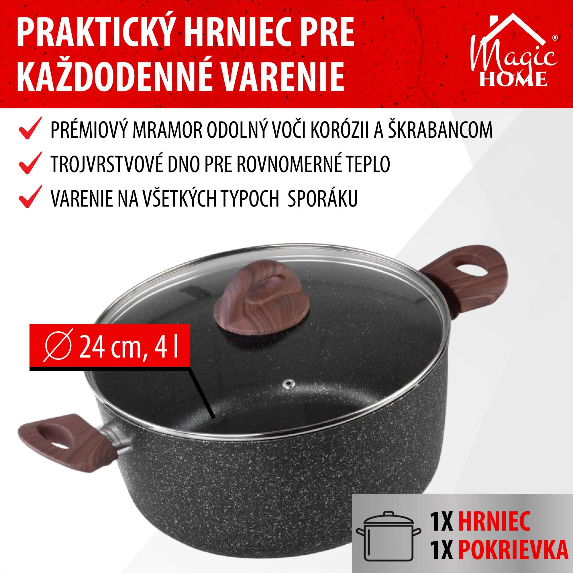 MagicHome hrniec Black Marble Line, 1 ks 24 cm, 4000 ml (4 l), s pokrievkou