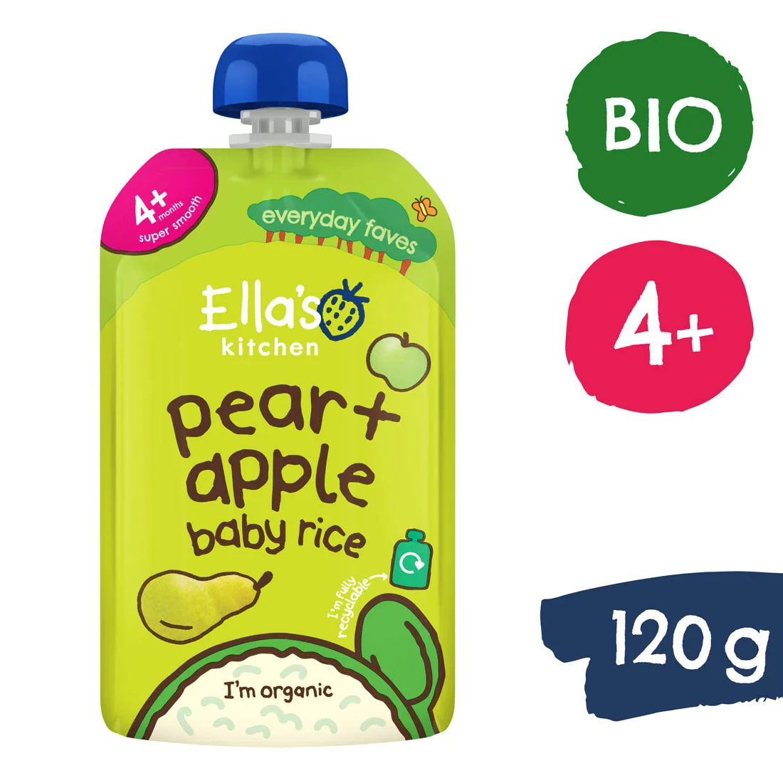 Ella's Kitchen BIO Detská ryža, hruška a jablko 1×120 g, detská výživa