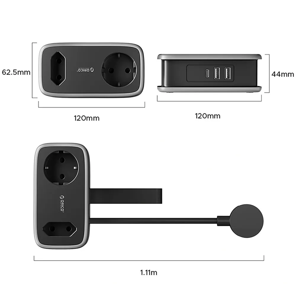 Orico APP predlžovacka 5in1 2x USB-A / 1x USB-C / 2x AC 15.5W, čierna