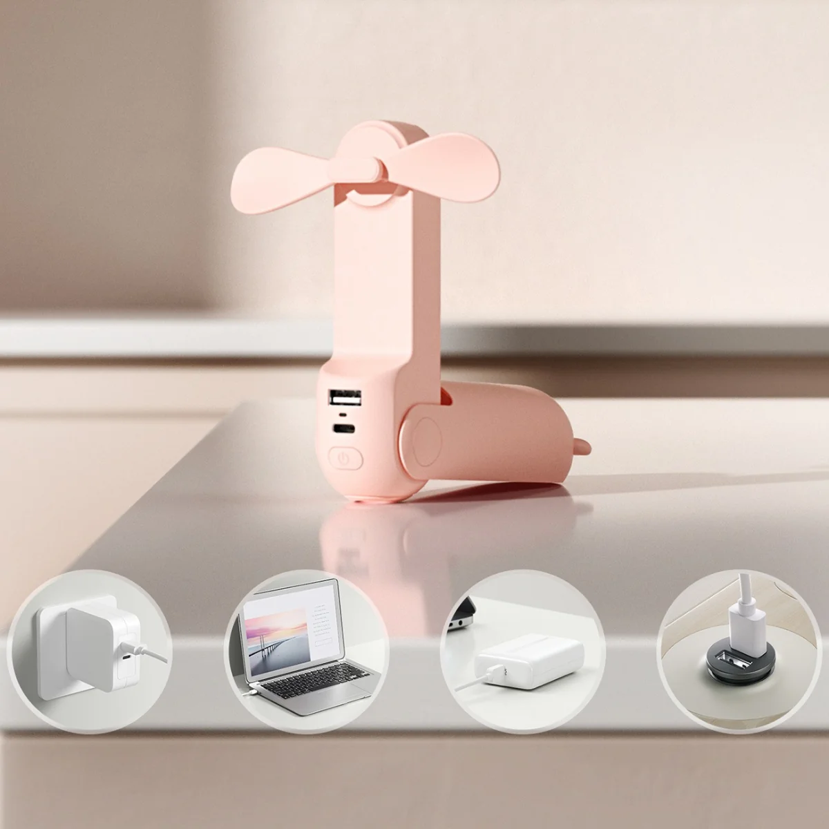 Jisulife Life8 USB-C ručný ventilátor / Power Bank 2000mAh, ružový
