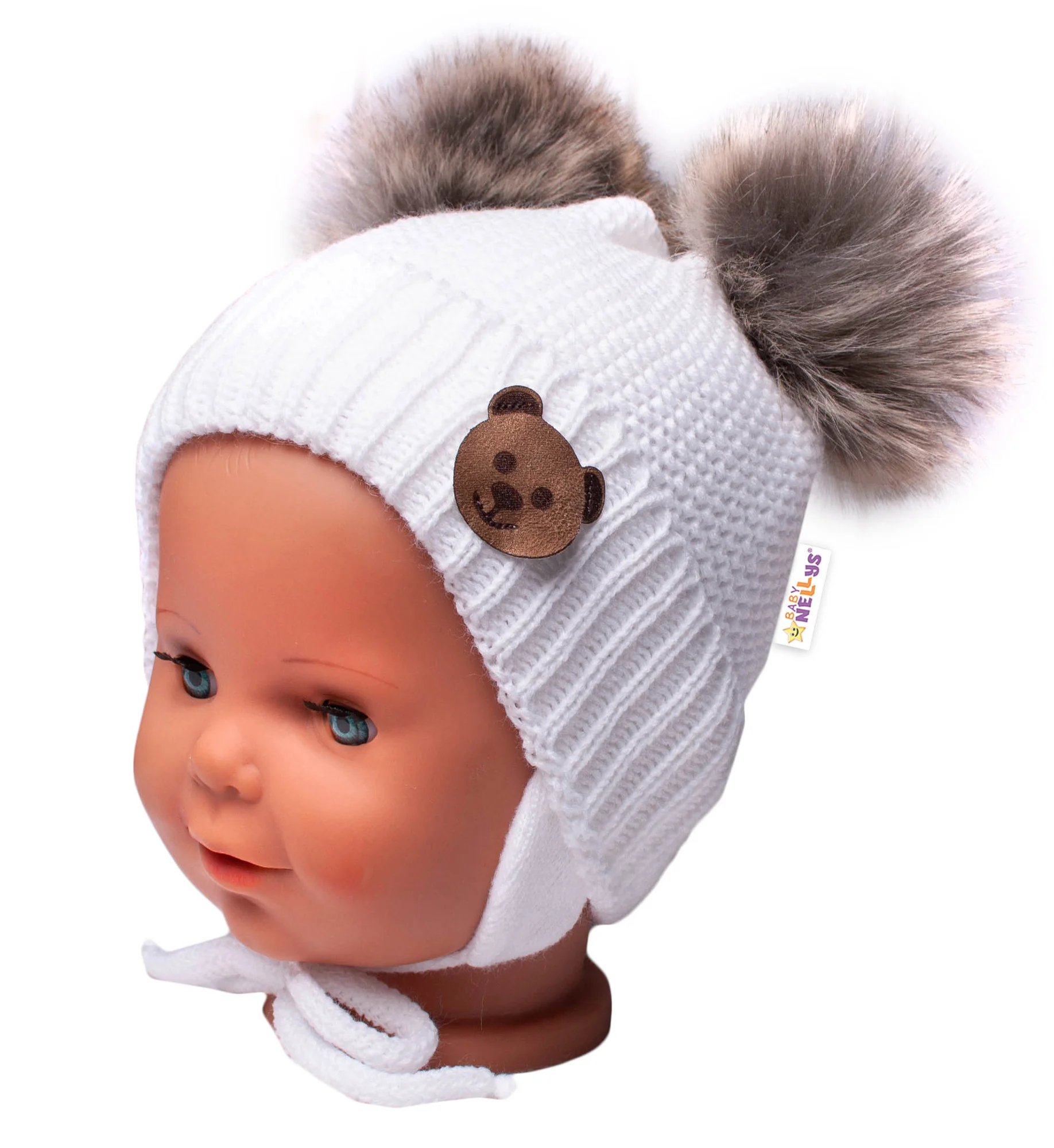 Zimná čiapka s fleecom Teddy Bear - chlupáčk. bambuľky - biela, šedá