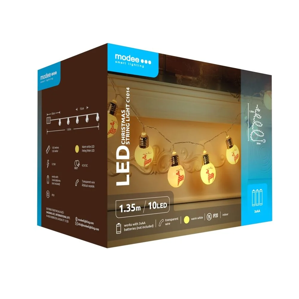 Modee Lighting LED vianočná reťaz 10 LED 1,35m 3xAA teplá biela vianočná guľa