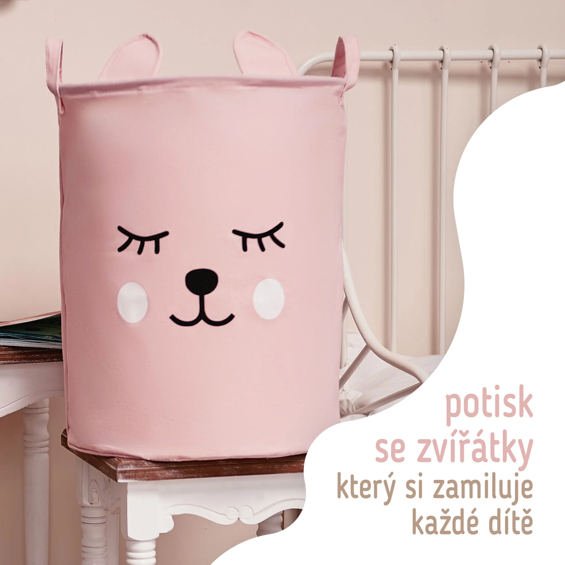 SIPO skladací bavlnený kôš na hračky so šnúrkou 43 l Teddy Bear Pink