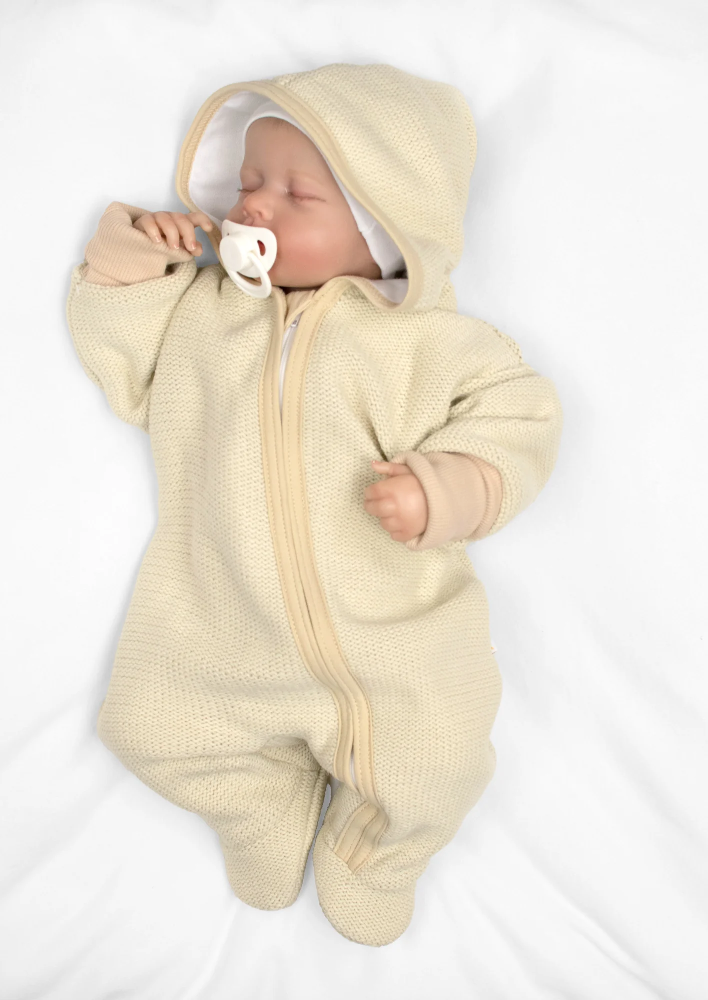 Pletený overal s kapucňou, CUTE - béžová, veľ. 74