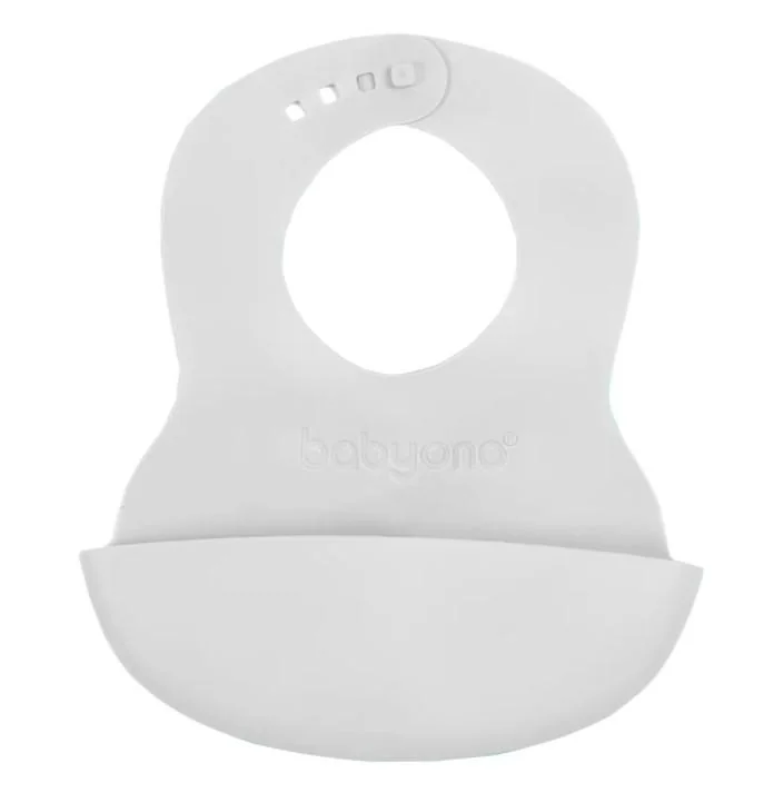 BABYONO Podbradník mäkký plastový s vreckom bez BPA light grey 6 m+ 1×1 ks