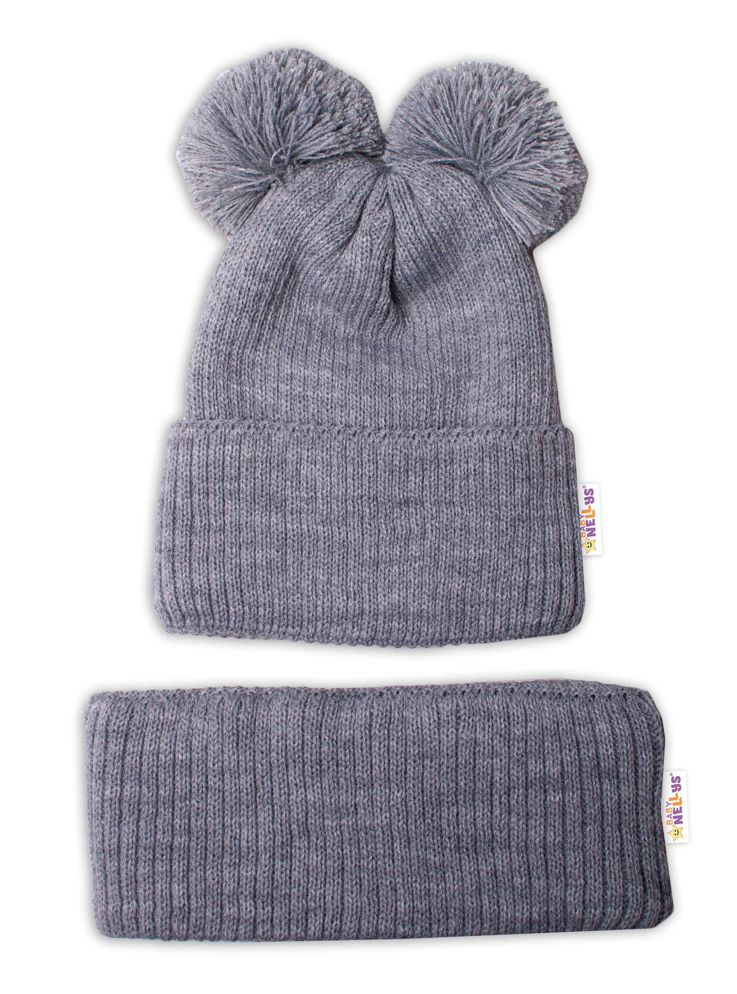 BABY NELLYS Zimná pletená čiapka + nákrčník - sivá s brmbolcami