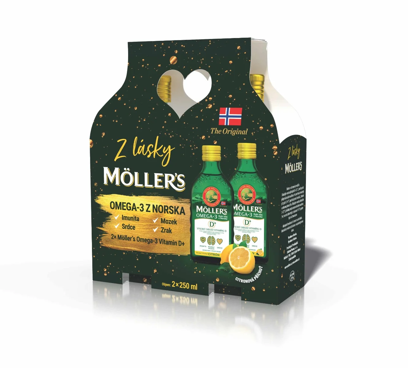Darčekové balenie Möller´s Omega-3 Rybí olej D+ s citrónovou príchuťou 2×250 ml