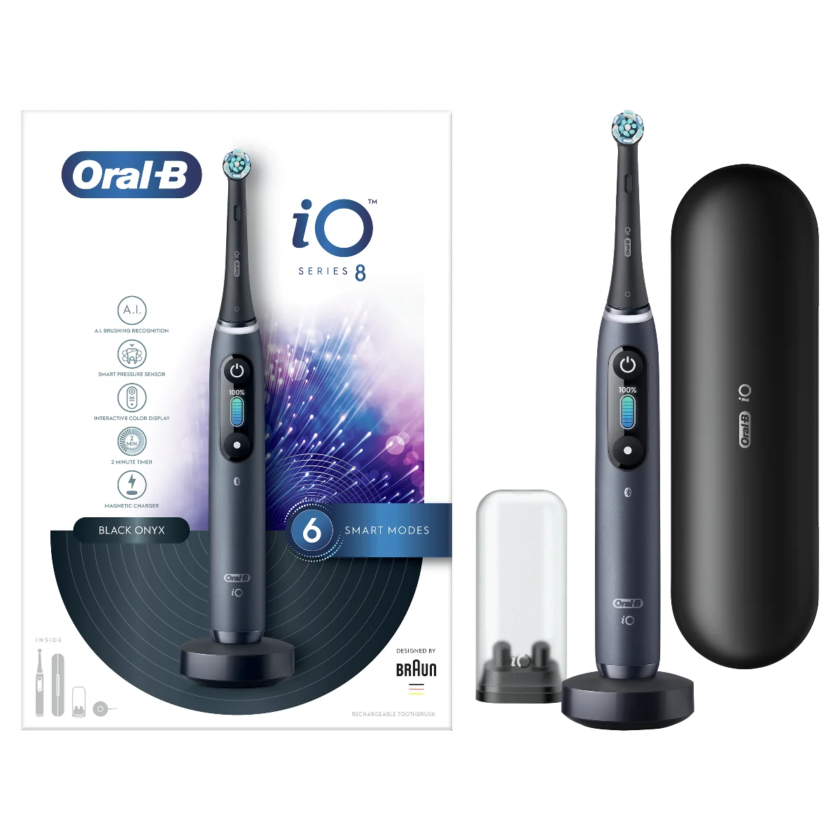 Oral B EK iO Series 8 Black + držiak zubnej kefky + cestovné púzdro 1×1 set, elektrická kefka s držiakom a puzdrom