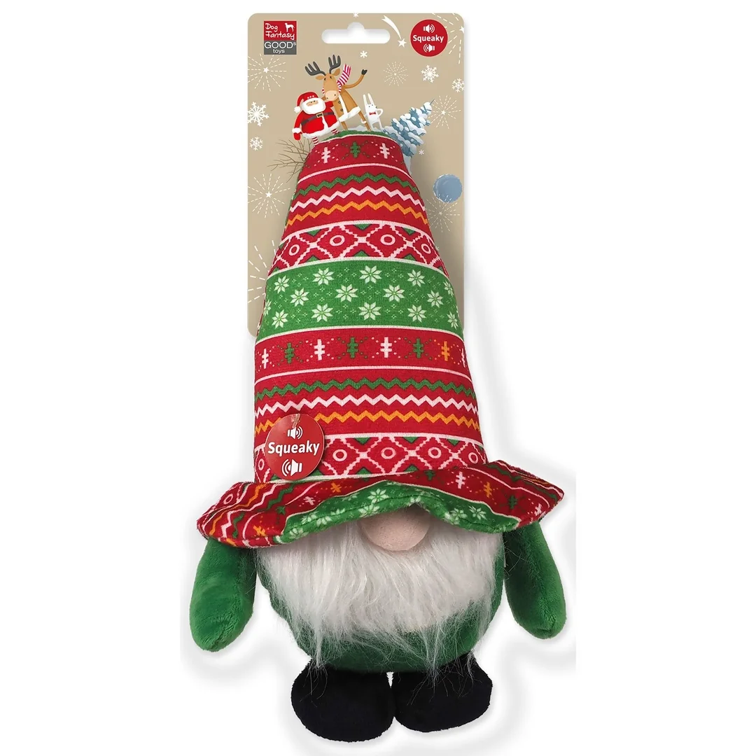 Hračka Dog Fantasy Winter Tale trpaslík pískací zeleno-červený 30cm