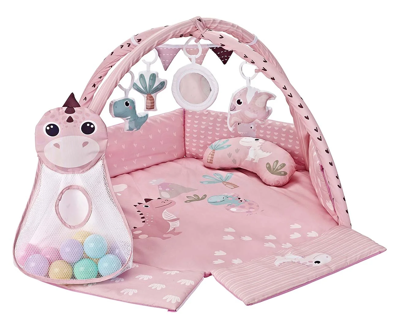 Hracia deka TinyMini Dino Pink s loptičkami – edukačná podložka pre bábätká