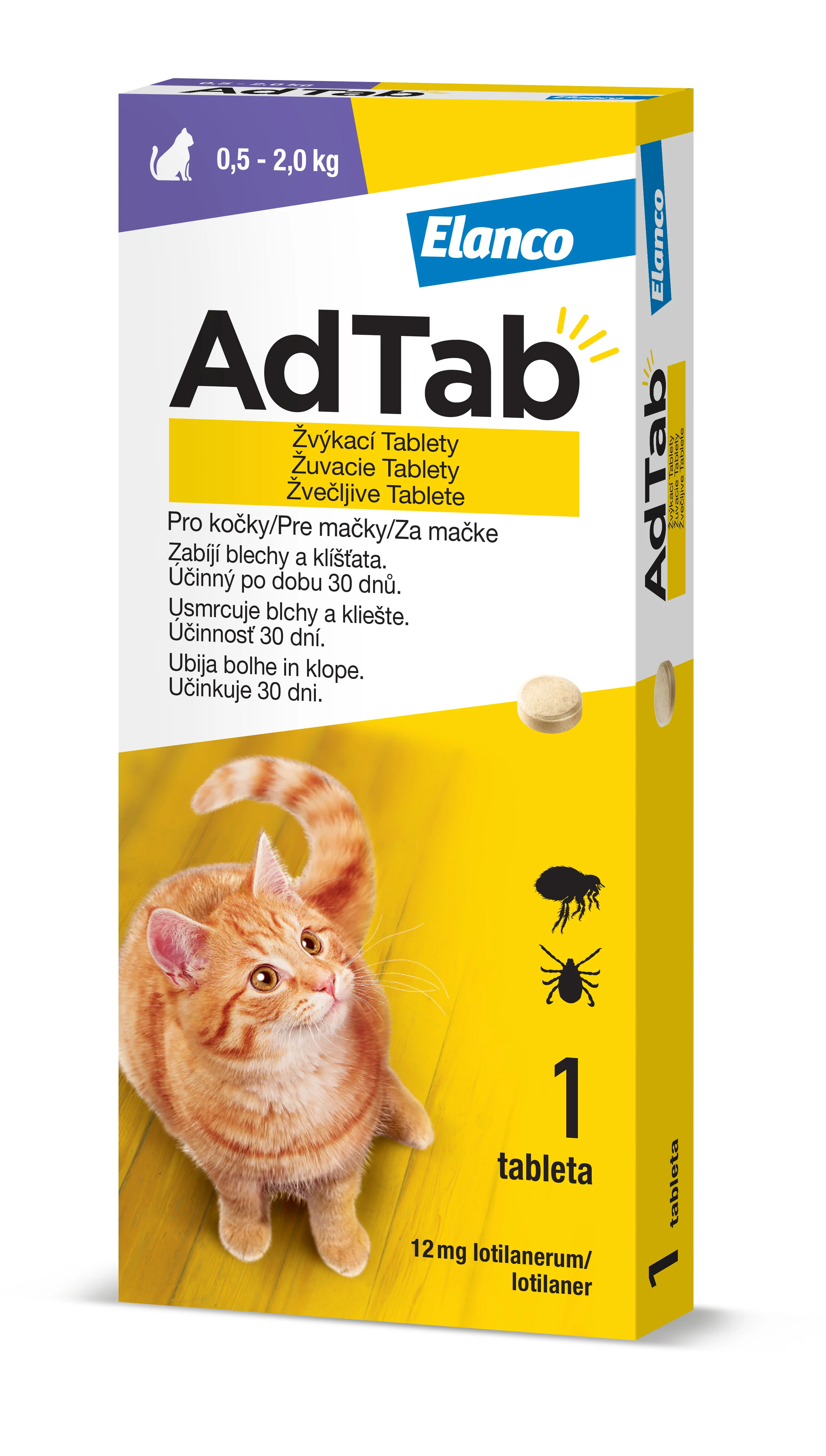 AdTab žuvacie tablety pre mačky 12 mg, hmotnosť mačky 0,5–2,0 kg 1 tbl