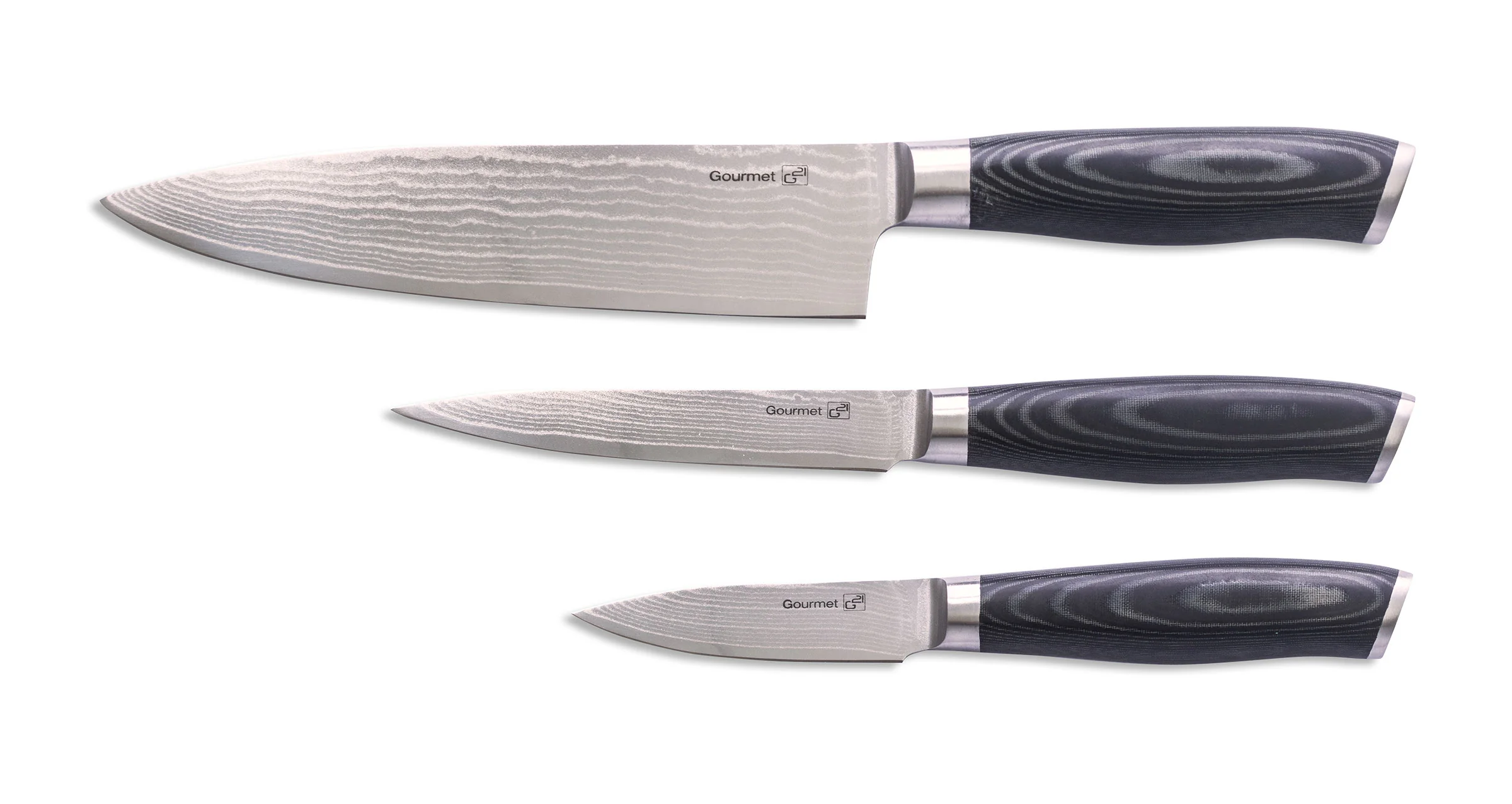 Sada nožov G21 Gourmet Damascus v bambusovom bloku 3 ks + brúsny kameň G-DMSSET3
