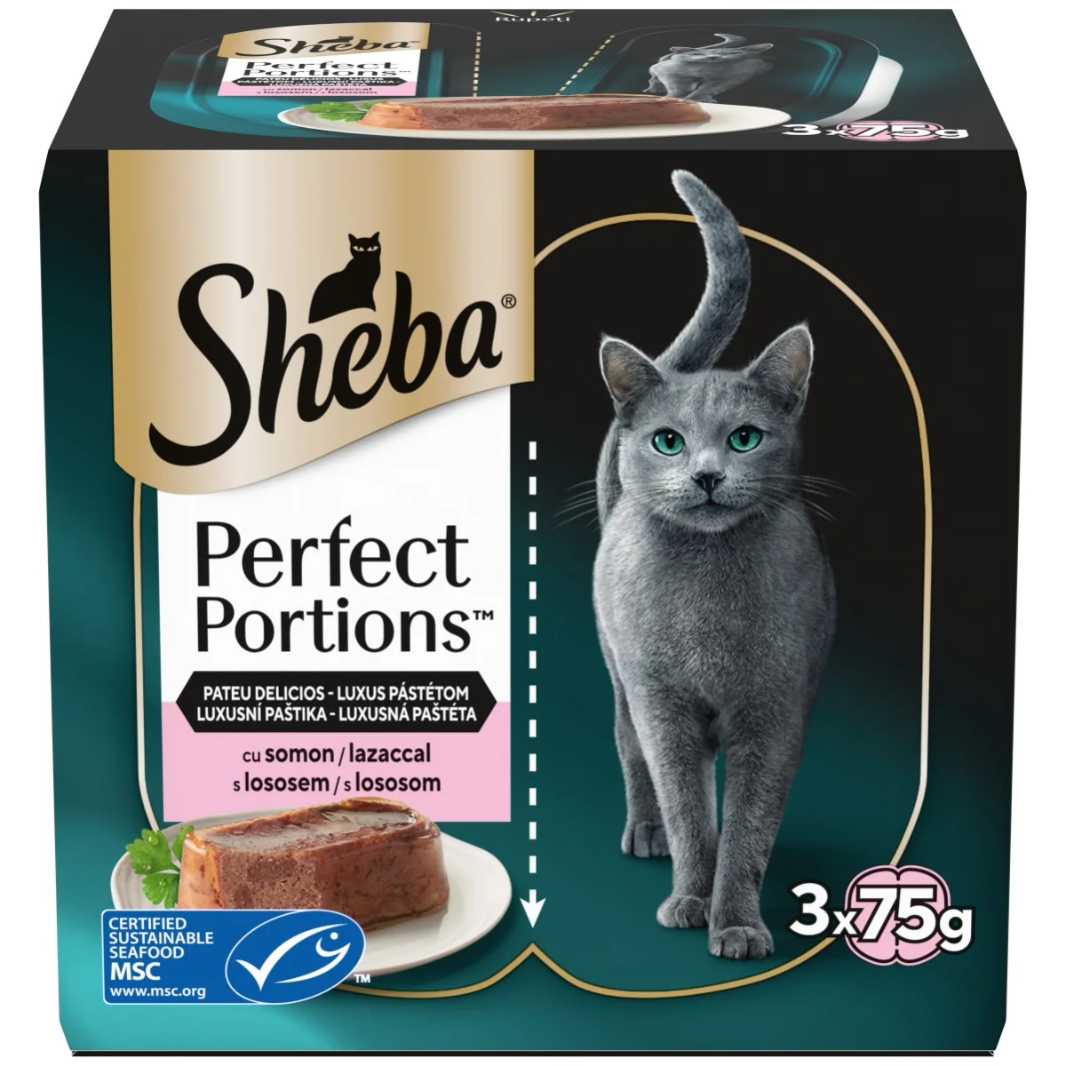 SHEBA perfect portions s lososom 1×3ks, kapsička s lososom, 75g