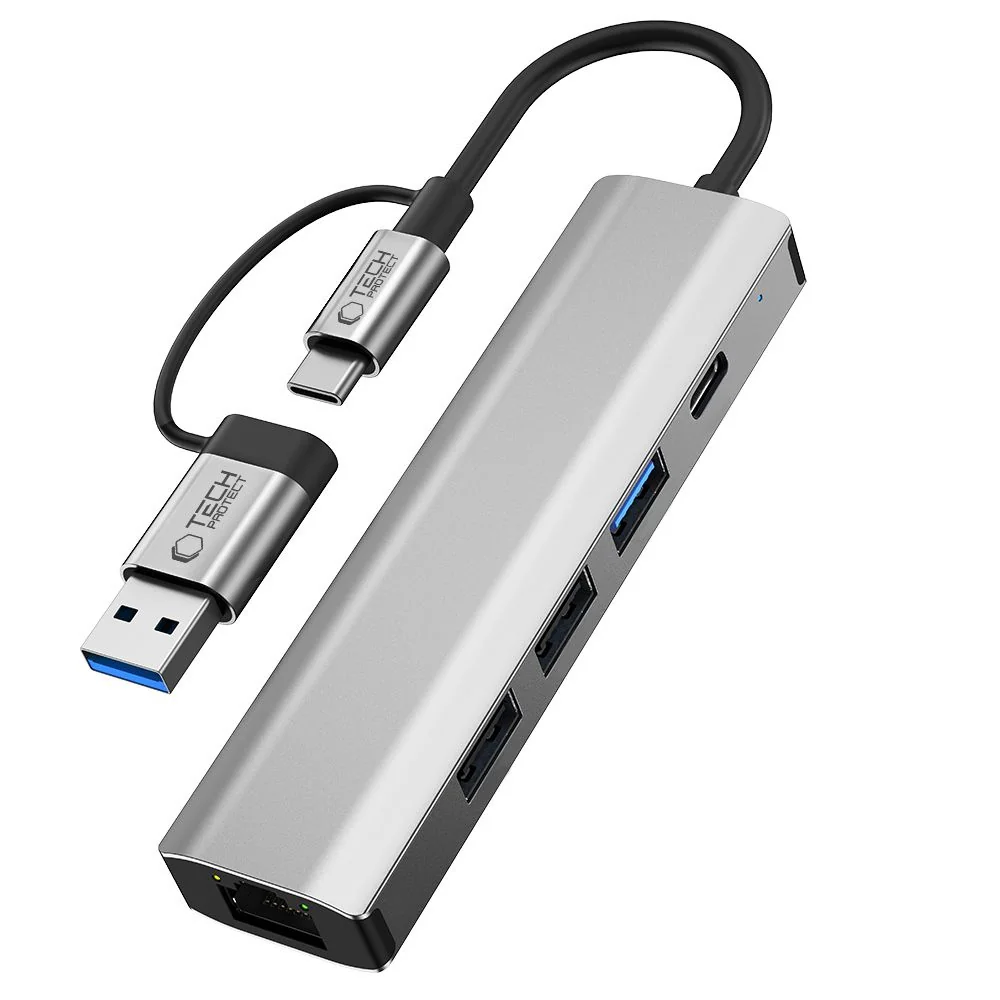 Tech-Protect HB03 HUB adaptér USB-C + USB - 3x USB / USB-C / RJ45, šedý ý