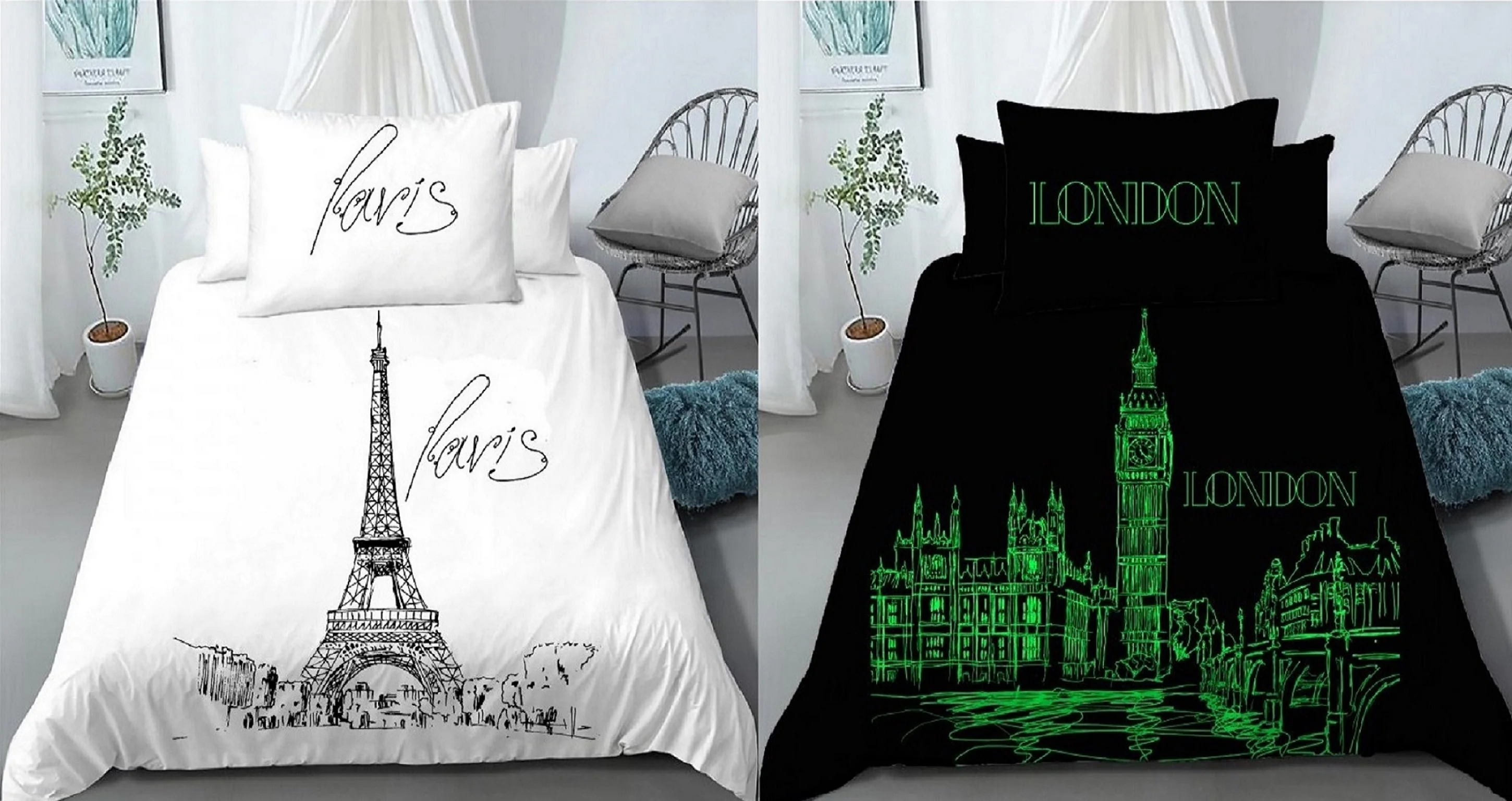 Bavlnené obliečky Deň v Paríži, noc v Londýne, svietiace v tme