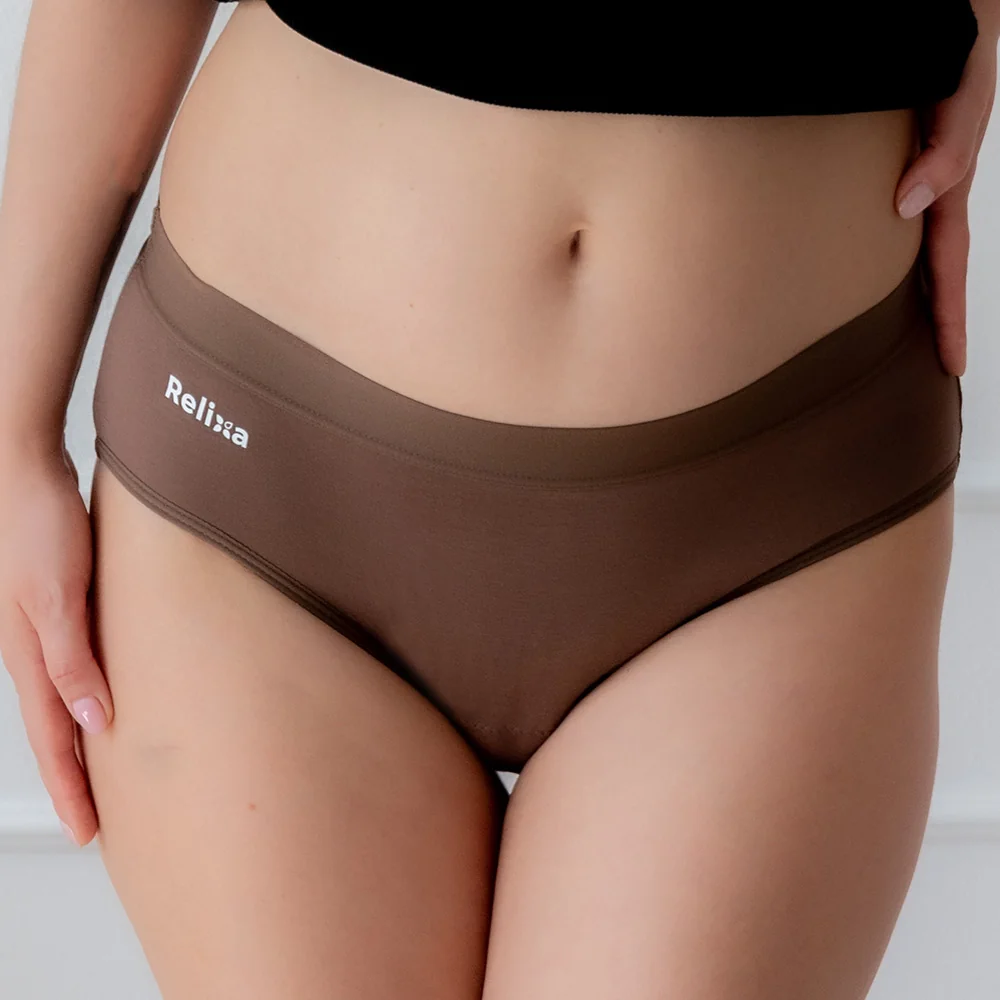 Relixa, menštruačné nohavičky so širokou mäkkou gumou v páse, HIPSTERS, hnedé, 4xl Silná absorp., prateľné, XS-6XL