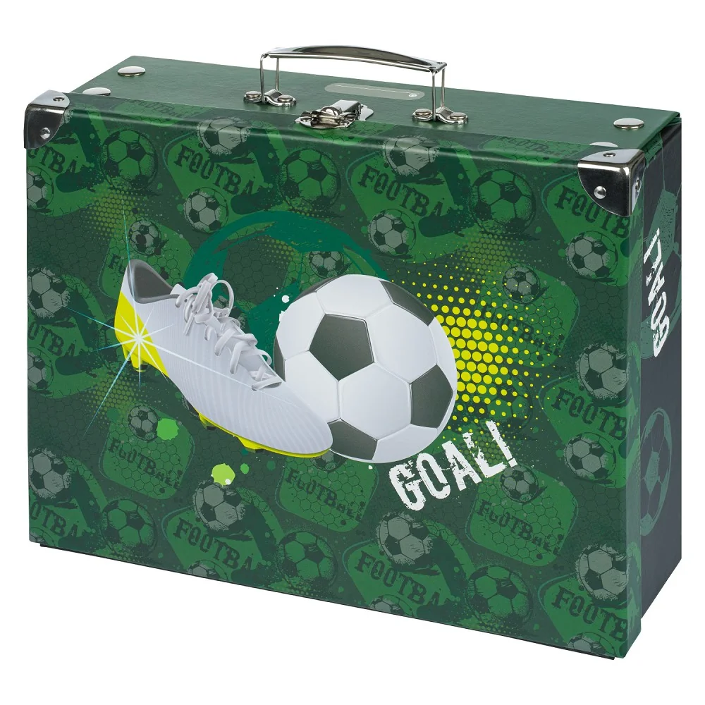Skladací školský kufrík Futbal s kovaním modrý, 34 cm