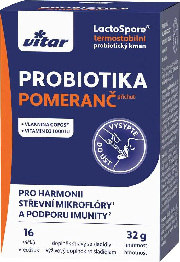 VITAR Probiotiká + Vláknina + Vitamín C,D 1×16 ks, výživový doplnok so sladidlami