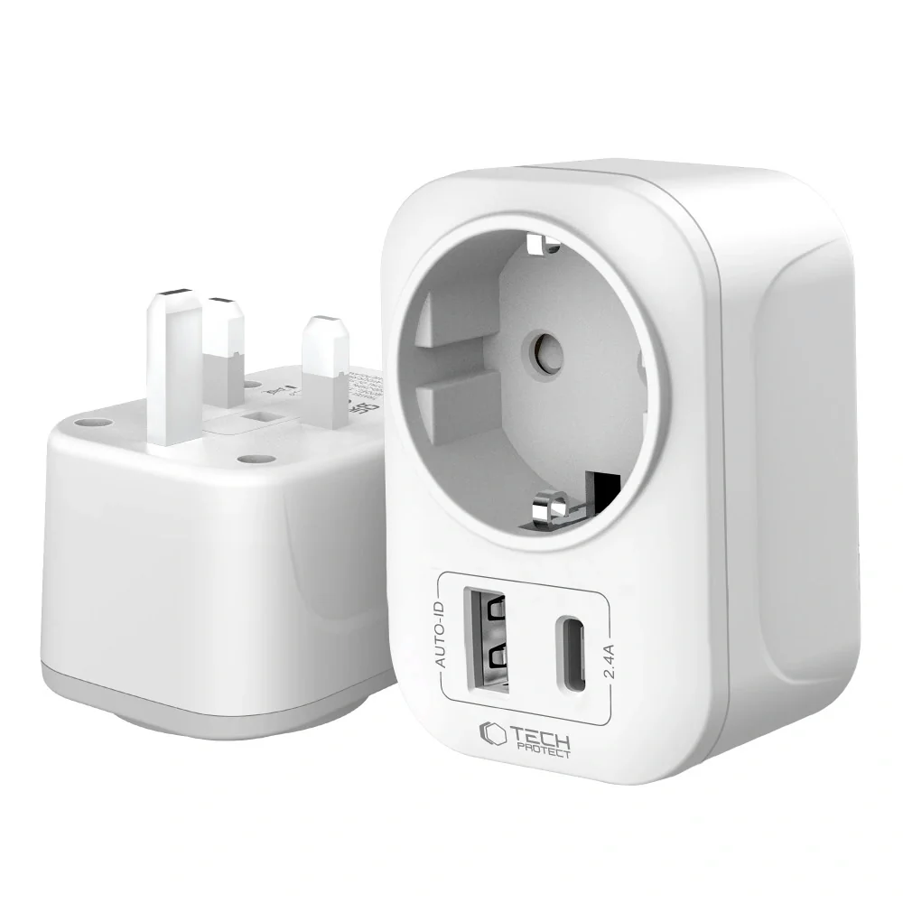 Tech-Protect TA100 cestovný adaptér UK / EU, biely