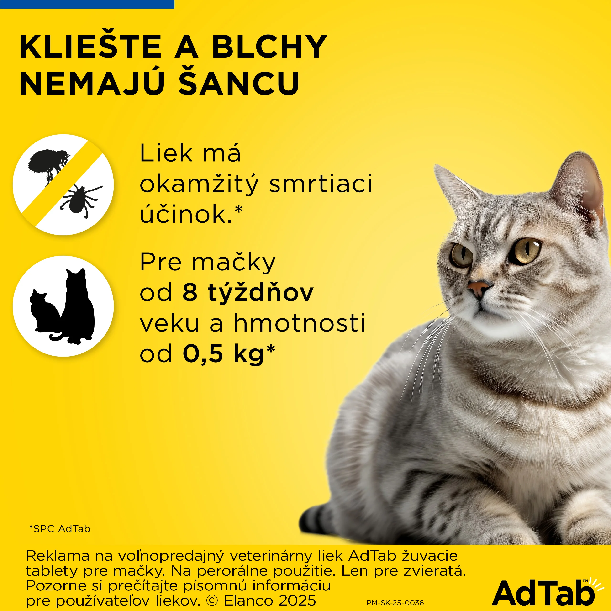AdTab žuvacie tablety pre mačky 12 mg, hmotnosť mačky 0,5–2,0 kg 1 tbl