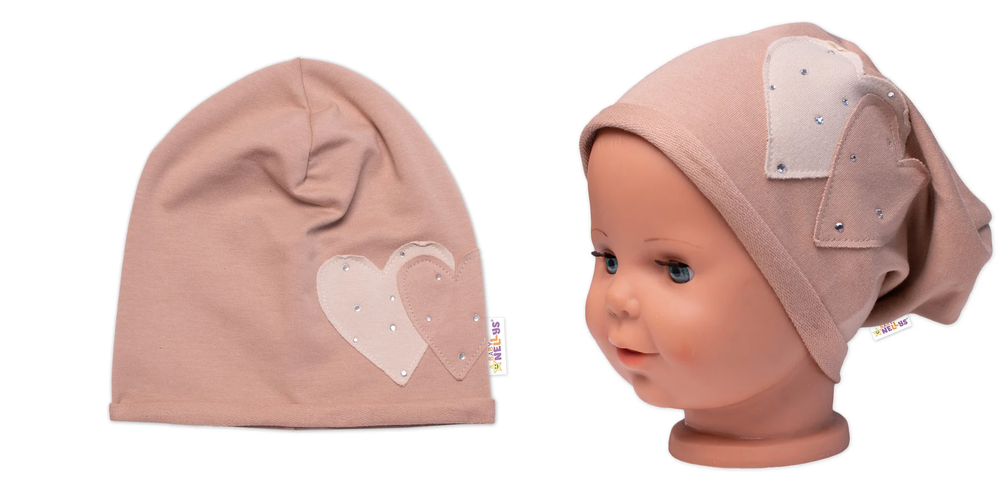 Detská čiapka bavlna, Srdiečka s kamienkami, Baby Nellys, cappuccino, veľ. 92/98