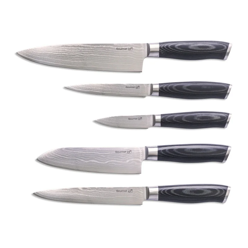 G21 Sada nožov Gourmet Damascus v bambusovom bloku 5 ks + brúsny kameň Gourmet Damascus v bambusovom bloku 5 ks + brúsny kameň G-DMSSET5