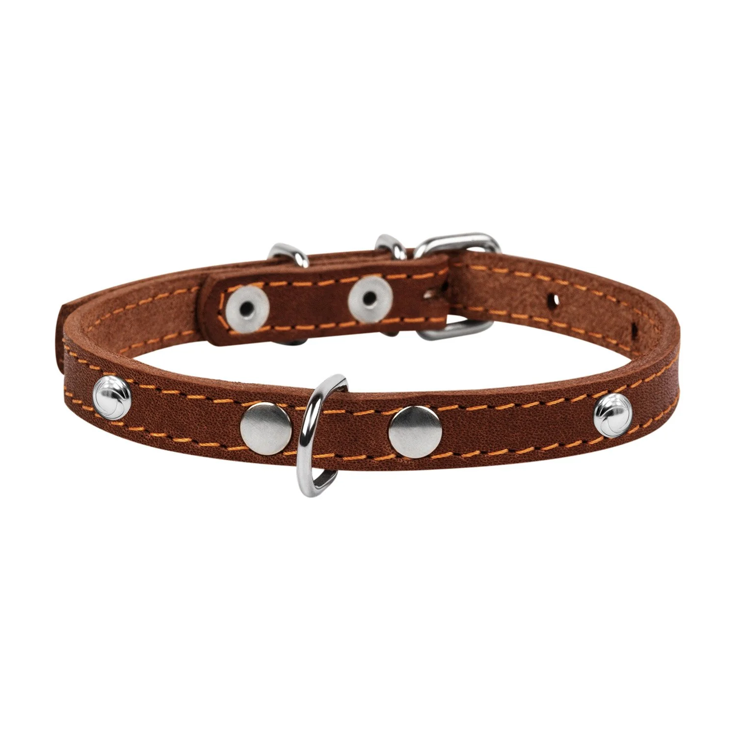 Kožený obojok s kovovou dekoráciou hnedý, Obvod krku: 24-32cm, širka: 12 mm