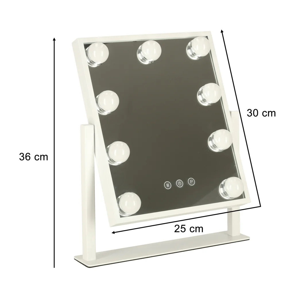 Kozmetické zrkadlo s 9 LED žiarovkami – 25×30 cm, dotykové ovládanie