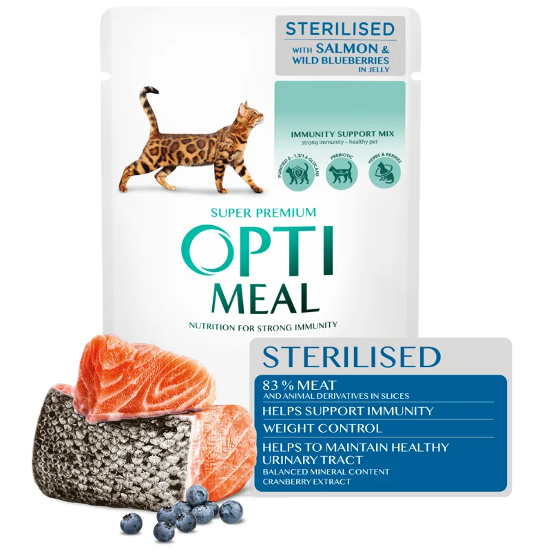 OPTIMEAL™ Superpremium pre sterilizované mačky s lososom a lesnými čučoriedkami v želé 85g (0141)