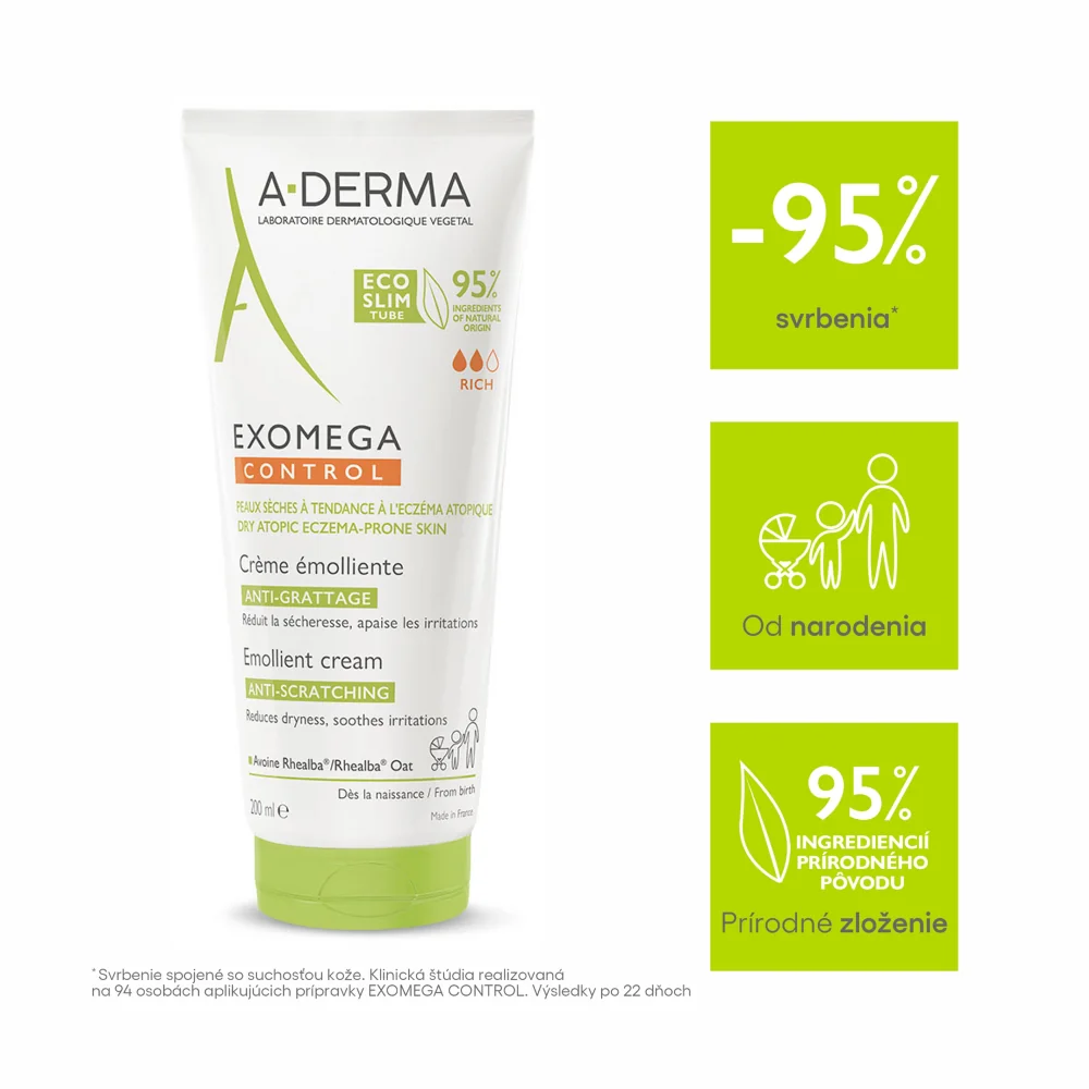 A-DERMA EXOMEGA CONTROL Emolienčný KRÉM 1×200 ml,  krém na suchú kožu so sklonom k atopii