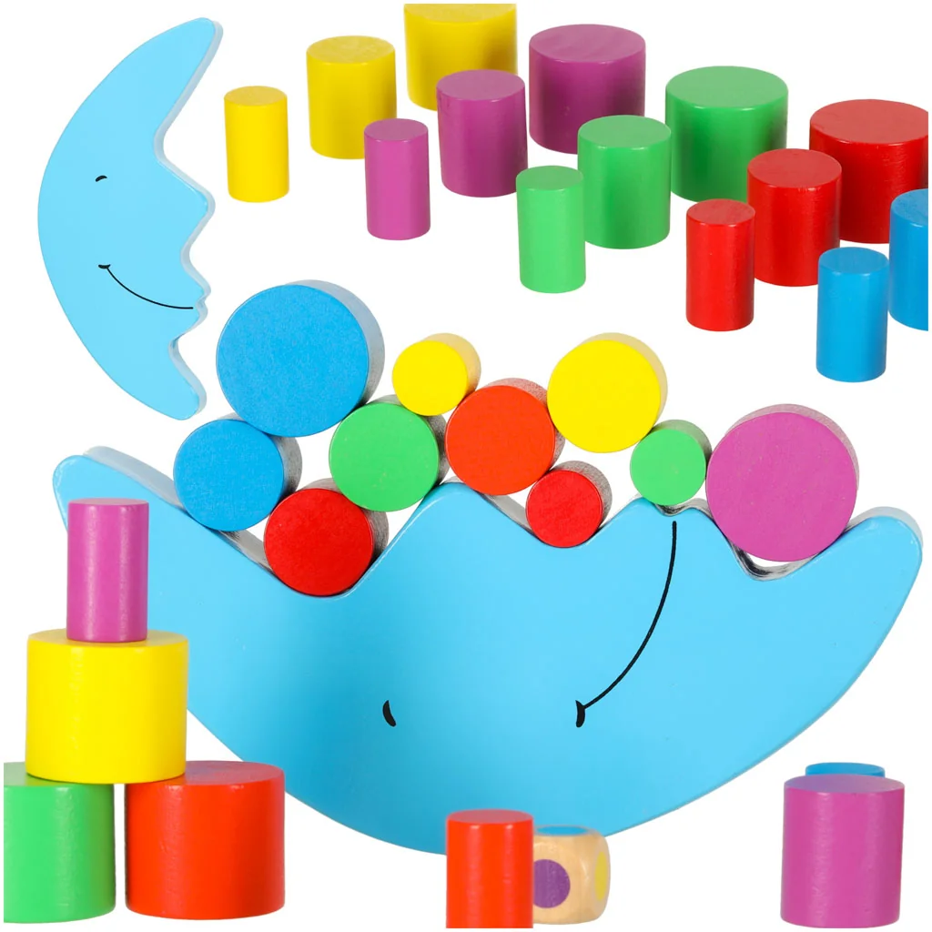 Montessori vyvažovacie puzzle mesiac s drevenými blokmi – hra na zručnosť