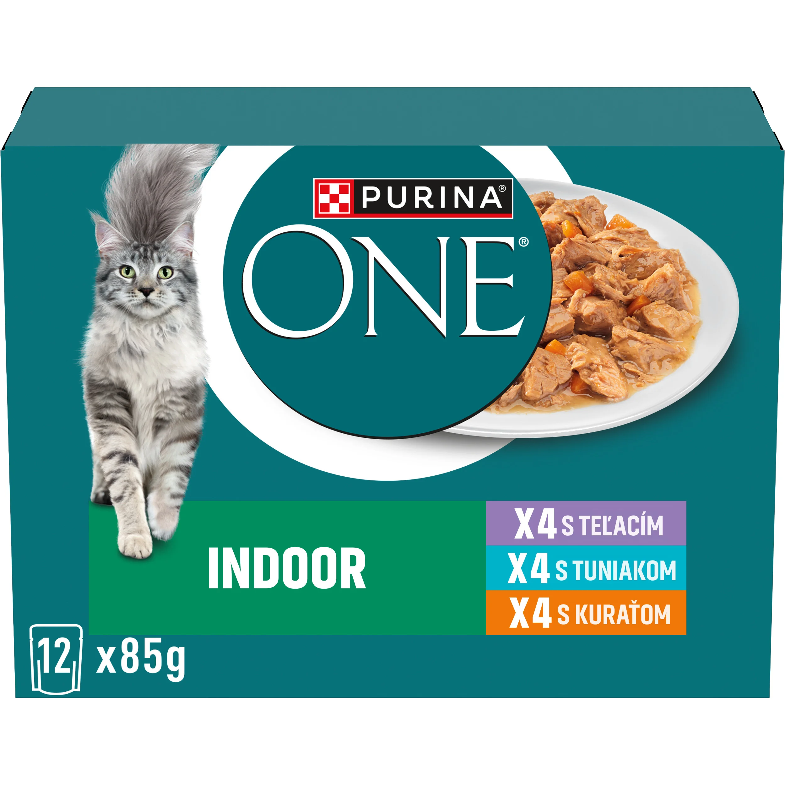 Purina ONE Indoor kapsičky pre mačky kura, tuniak, teľacie v šťave 12×85 g 12×85 g, kompletné krmivo pre dospelé mačky žijúce v byte