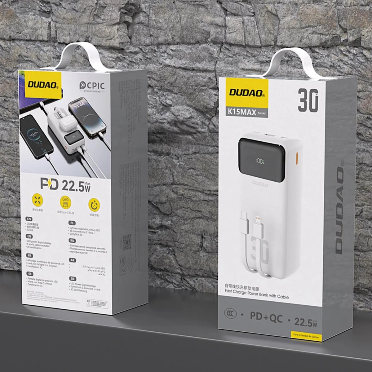 Dudao K15MAX Power Bank 30000mAh USB / USB-C / Lightning + vstavané káble 22.5W, biely ble 22.5W, biely