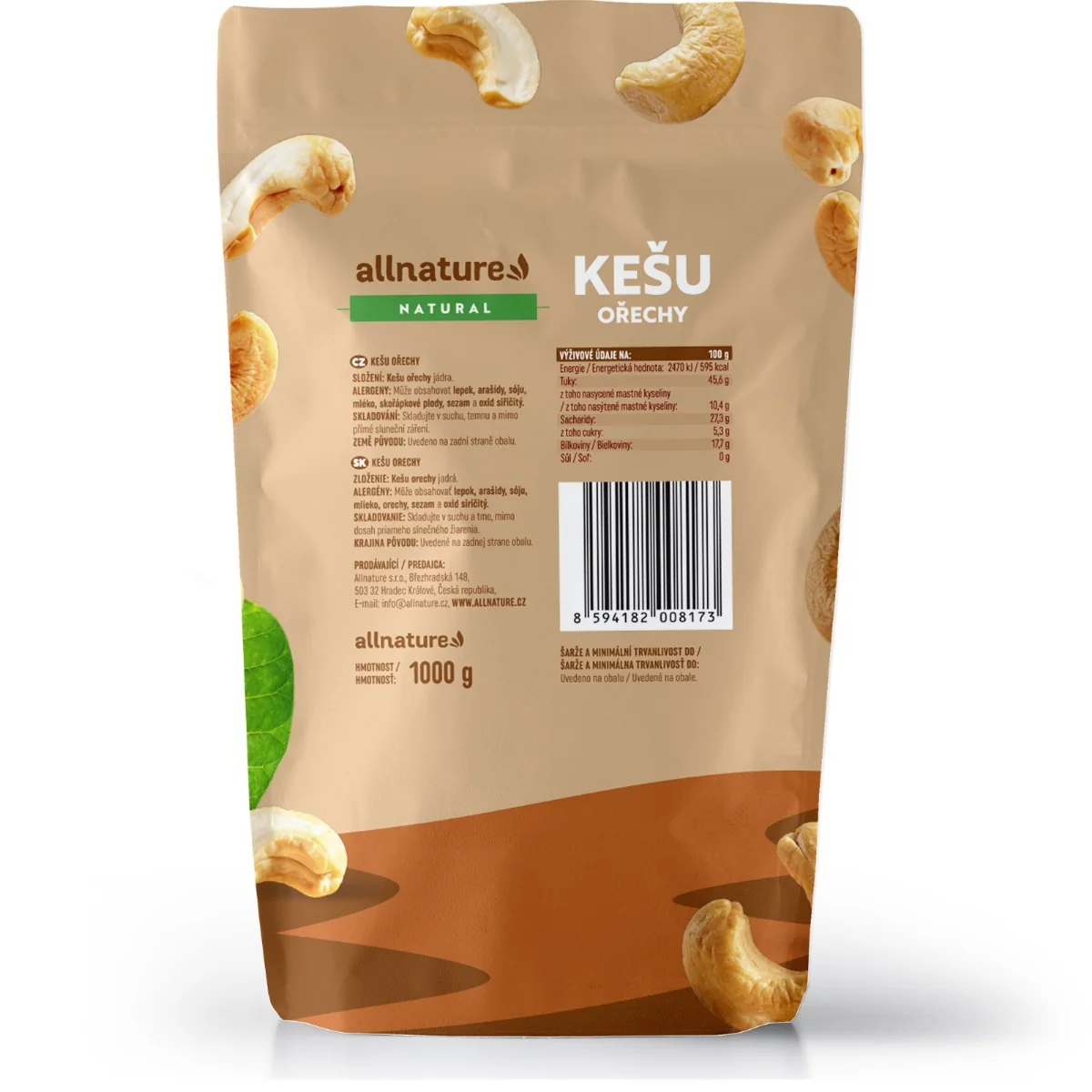 Allnature KEŠU orechy NATURAL 1×1000g, kešu orechy
