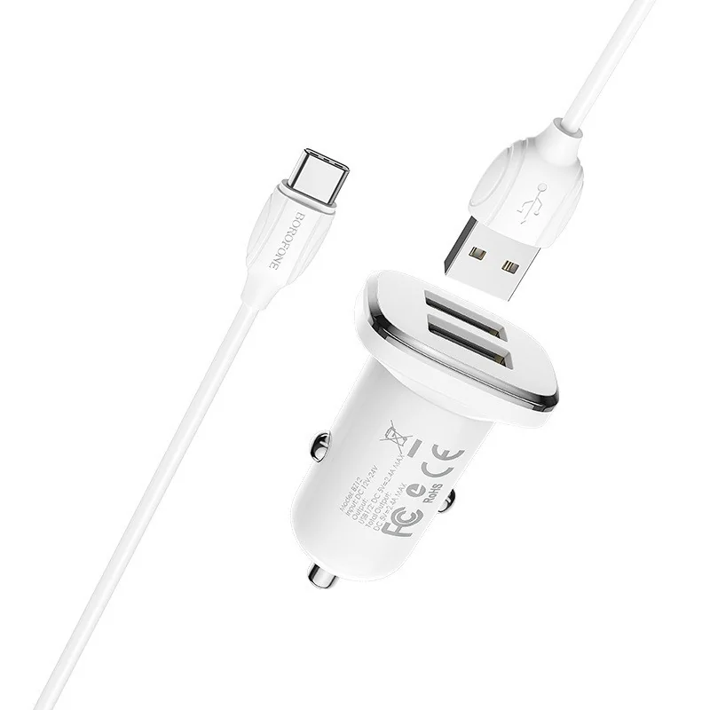 Nabíjačka do auta s káblom - 2x USB - Biela