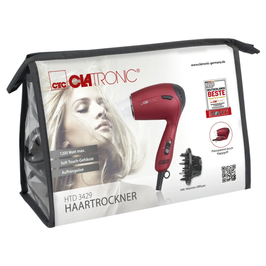 Clatronic HTD 3429 RD cestovný sušič vlasov 1300 W, difuzér, 110/230 V 