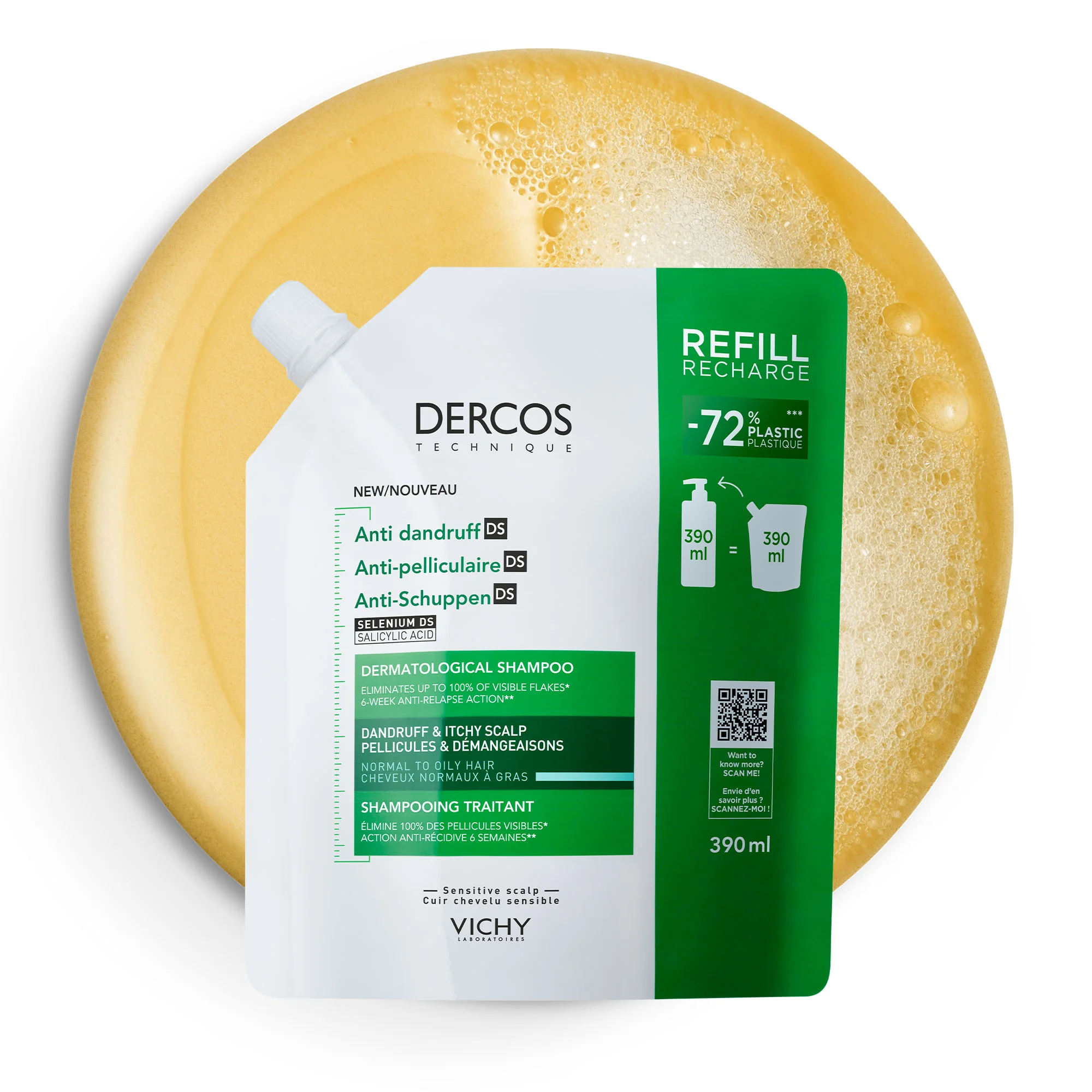 VICHY DERCOS Šampón proti lupinám mastné vlasy - náhradná náplň 390 ml