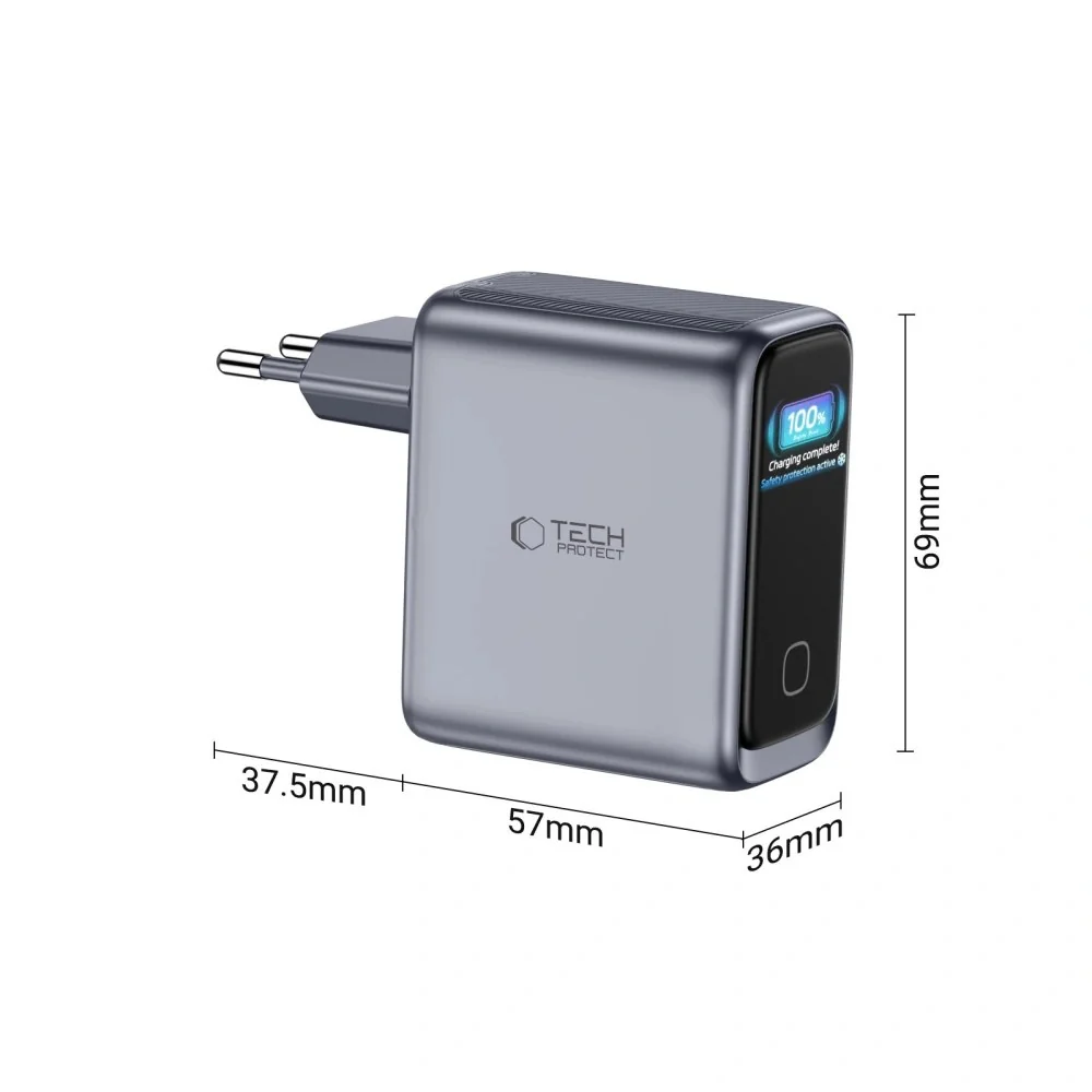 Tech-Protect Power Vision GaN sieťová nabíjačka USB / 2x USB-C QC PD 100W, šedá