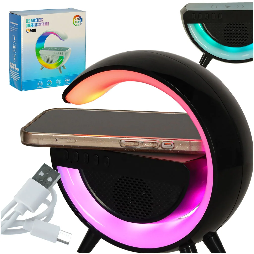 RGB lampa s indukčnou nabíjačkou (Qi) – Bluetooth reproduktor, FM rádio, čierna